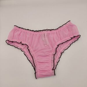 Victoria's Secret PINK Cheeky Panties SMALL Pink Sheer Mesh Black Ruffle Trim